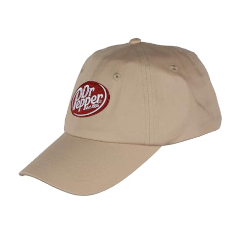 Dr Pepper Baseball Cap Embroidered Logo Design Adjustable Slide Strap Dad Hat OSFM Tan