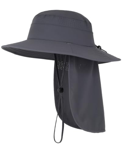 UPF50+ Sun Hat for Men Women,UV Protection Wide Brim Mesh Fishing Hat with Neck Flap for Outdoor Hiking - color: Dark Gray