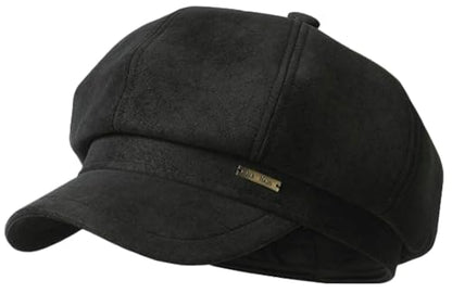 Womens 8 Panel Suede Newsboy-Cap Fall Winter Cabbie Beret Cap Retro British Gatsby Ivy Painter Visor Hat - color: Black