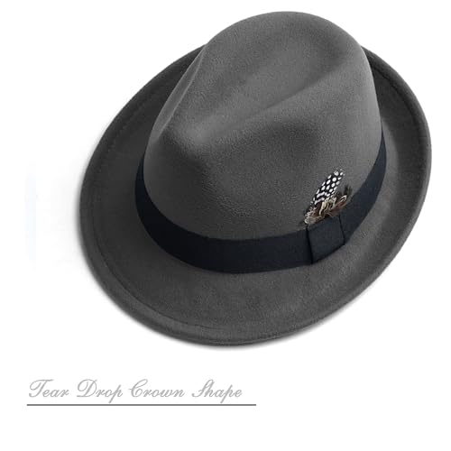 Short Brim Fedora Hat for Men Women Felt Trilby with Feather - color: Dark Grey