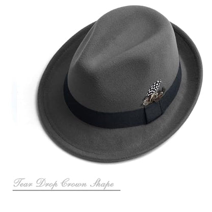 Short Brim Fedora Hat for Men Women Felt Trilby with Feather - color: Dark Grey