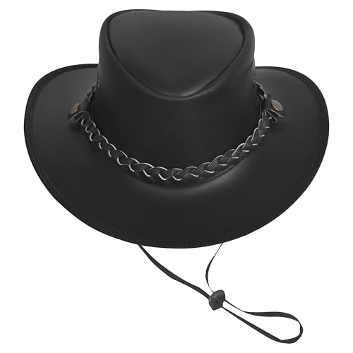 Black Leather Cowboy Hat – Australian Outback Style Western Hats for Men Leather Rancher Hat with Braided Band - size: Large