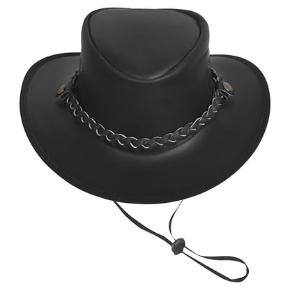 Black Leather Cowboy Hat – Australian Outback Style Western Hats for Men Leather Rancher Hat with Braided Band - size: Large
