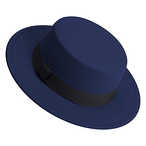 Classic Fedora Hat Flat Top Hat Felt Pork Pie Hat Wide Brim Church Derby Cap for Women and Men - color: Navy Blue