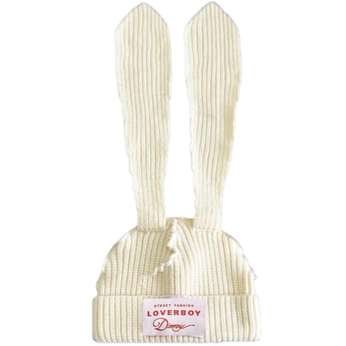 Womens Beanie Hat Winter Cuffed Knit Hats with Cat Ears Thick Warm Y2k Skull Caps Mens Ski Hat - color: Rabbit Ear White