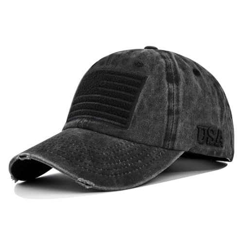YuMENo American Flag Baseball Cap for Men Women Adjustable Distressed Embroidered USA Dad Hat - color: Washed Black