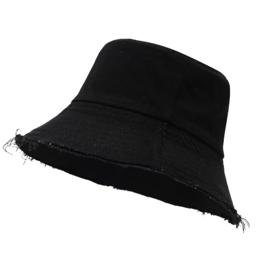 Quanhaigou Frayed Unisex Sun Hats, Fashion Beach Bucket Hat for Men Women,Summer Outdoor Boy's Girls Boonie Cap - color: Vintage Black