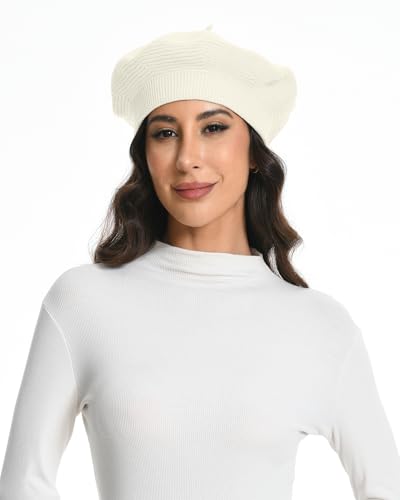 Cotton Knitted Women Beret Hat, French Style Solid Color Beret, Winter Autumn Warm and Soft Beanie Hat - color: Cream White