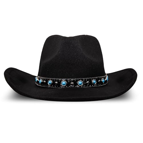 Lucky Brand Womens Ranger Hat | Wide Brim | Felt | Rancher | Americana | Western Inspired | Classic | Fashion | Cowboy - color: Cowboy W/ Turquosie Band - Black