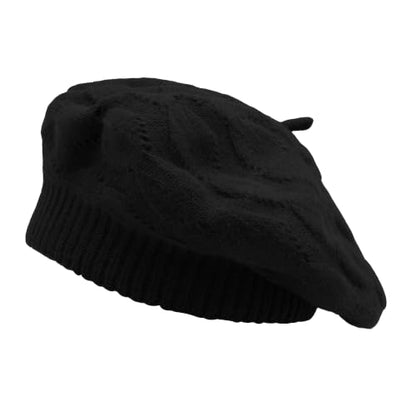 ZLYC Women French Beret Hat Reversible Solid Color Knit Warm Artist Cap - color: Cable Pattern Black