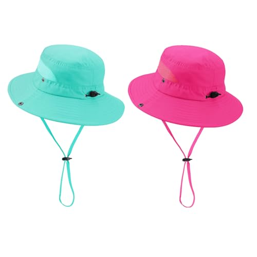Century Star Outdoor Kids Sun Hat UPF 50+ Quick Dry Adjustable Bucket Hat Windproof Waterproof Beach Fishing Safari Hat - color: 2pcs Rose Red & Lake Blue
