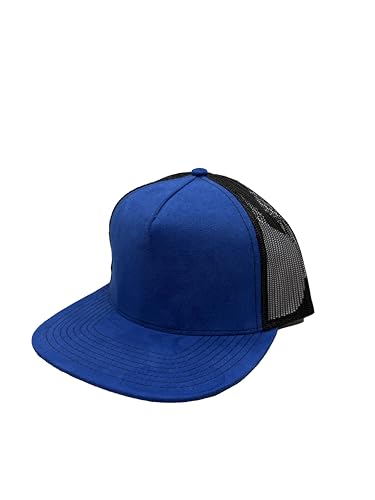 Ashen Fane Faux Suede Polyester Blend 5 Panel Classic Flat or Round Visor Adjustable Snapback Mesh Back Trucker Hat - color: Flat - Royal