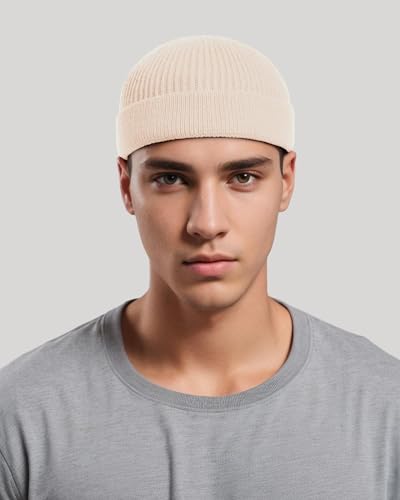 vidsel Thin Wool Fisherman Beanie for Men Short Knit Cuff Trawler Watch Hat - color: 1pcs-beige