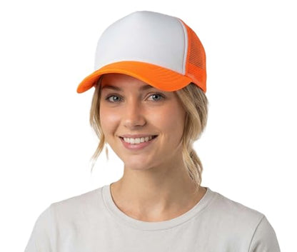 NYFASHION101 Plain Mesh Trucker Hat - Breathable 6-Panel Daily Snapback Cap, Customizable Ideal for DIY Embroidery & Patches - color: Mc Neon Orange/White