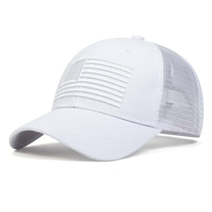 Mens American Flag Trucker Hat Breathable Mesh Baseball Cap Adjustable Low Profile Snapback Hat - color: White