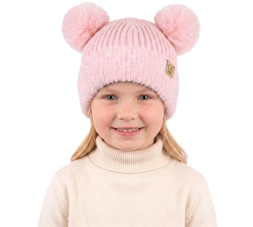 C.C Kids Ear Flap Fur Pom Beanie for Boys Girls - Comfortable Soft Warm Children Youth Knit Skully Hat with Faux Fur Pom - color: Double Pom - Pink