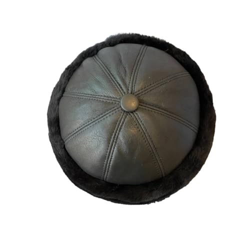 Lukkizara Winter Leather Hat Shearling Sheepskin Fur Beanie Hat - color: Black, size: X-Large