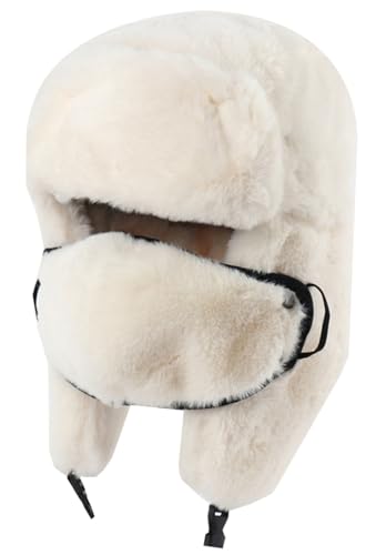 Ushanka Winter Trapper Hat Men Women Faux Rabbit Fur Russian Aviator Hat with Ear Flaps Face Mask Warm Cold Weather - color: Beige
