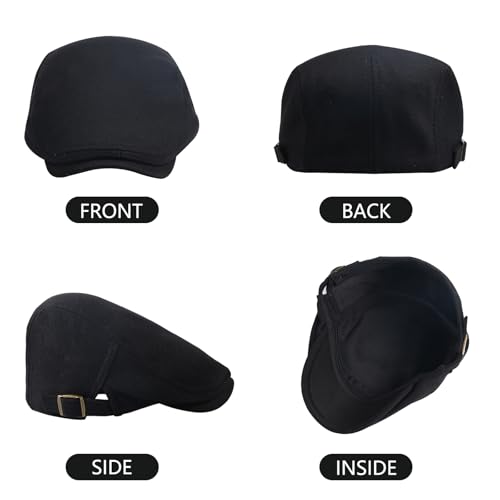 meioro Mens Cotton Newsboy Hat Adjustable Soft Fit Flat Cap for Men - color: Black