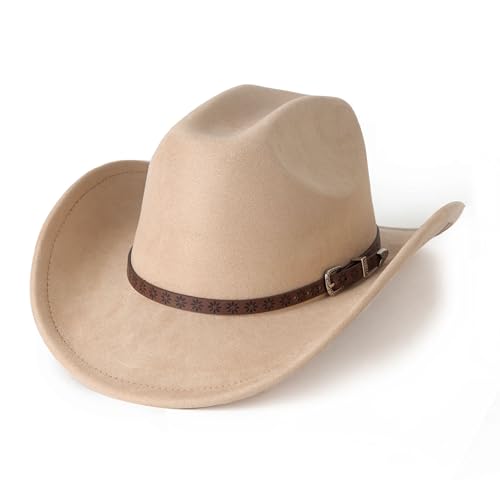 Western Cowboy Hat for Women Men Retro Suede Hat - color: Camel-small Flower Belt