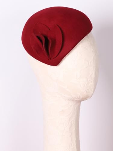HIMESPORT Wool Felt Fascinator Hats for Women Ladies Female Wedding Cocktail Tea Party Dress Pillbox Hat - color: Wine Red 4