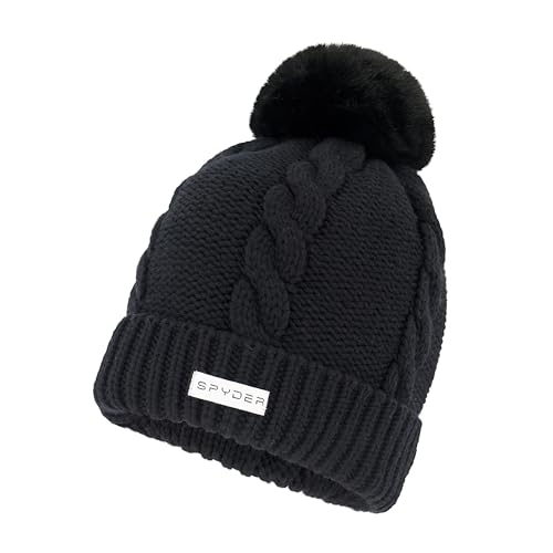 Spyder Women's Cable Knit Pom Pom Beanie with Ribbed Cuff - color: Black