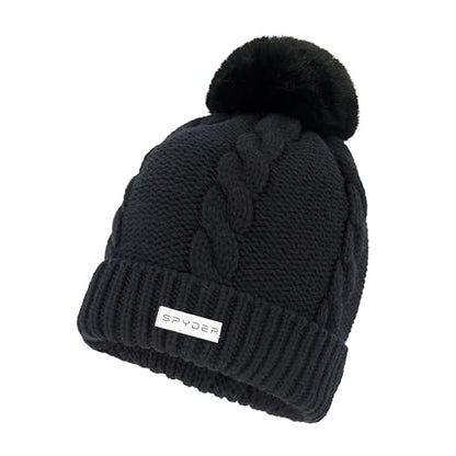 Spyder Women's Cable Knit Pom Pom Beanie with Ribbed Cuff - color: Black