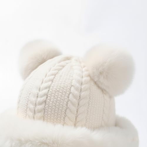 HUAMULAN Women Winter Sherpa Knit Beanie Hats with Pom Poms Ear Flaps - color: M2754-naibai