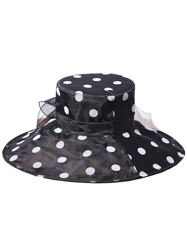 Organza Kentucky Dots Fascinator Hat for Women Ladies Wide Brim Big Sun Hats Wedding Church Hat Derby Cap - color: Black and White