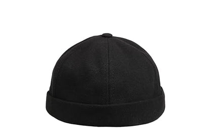 Cotton Docker Cap, Unisex Brimless Cap, Men Skull Cap, Brimless Beanie Hat, Men Women Cuffed Hat. - color: Black