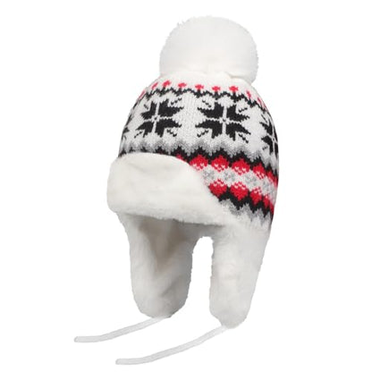 IPENNY Women's Winter Faux Fur Lined Trapper Hat, Warm Knitted Beanie with Pom Pom & Earflaps, Warm Ski Cap for Cold Weather - color: White
