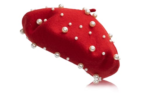 Women Wool Beret Hat, Classic French Artist Hat, Winter Warm Hat for Ladies - color: Red and Pearl