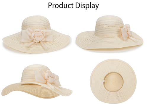 Women Wide Brim Organza Derby Hat Summer Sun Hat Fascinator Bridal Tea Party Wedding Hat - color: Beige-style 2