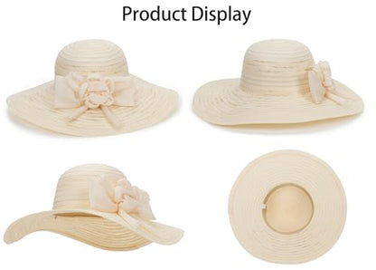 Women Wide Brim Organza Derby Hat Summer Sun Hat Fascinator Bridal Tea Party Wedding Hat - color: Beige-style 2