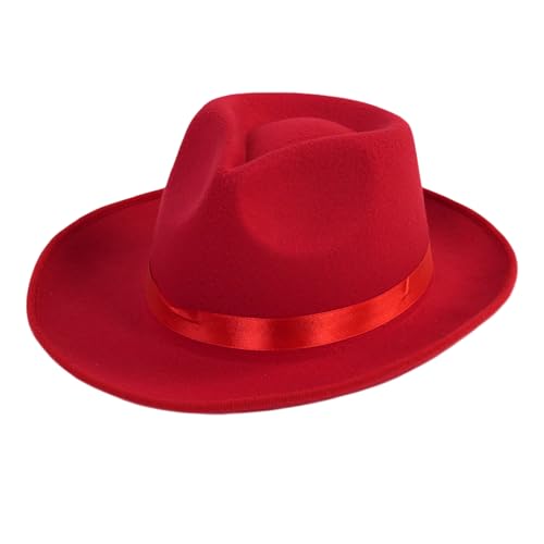 Red Wide Brim Felt Fedora Hat with Satin Ribbon Dress Panama Hat Rancher Cap for Unisex Halloween Costume