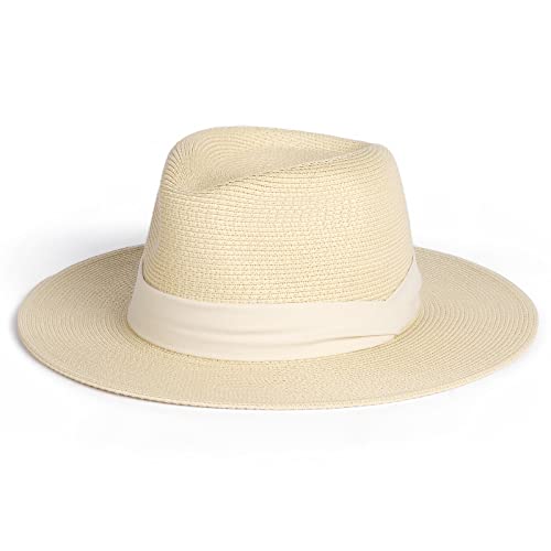 FURTALK Womens Mens Wide Brim Straw Panama Hat Fedora Summer Beach Sun Hat - color: Beige-white, size: Medium-Large