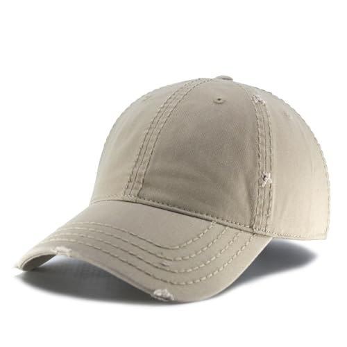 Washed Cotton Distressed with Heavy Stitching Adjustable Baseball Cap - color: Khaki