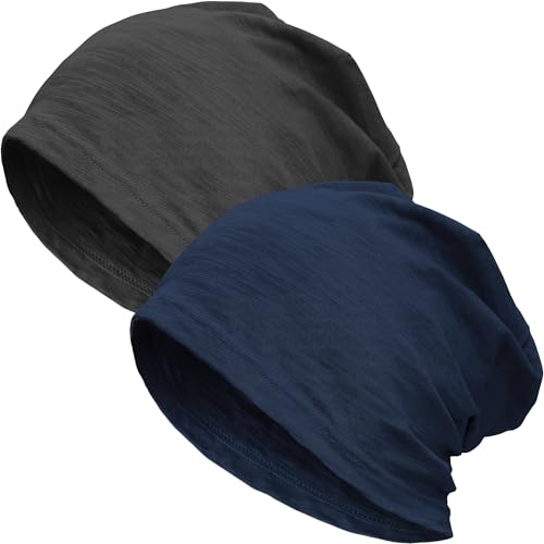 100% Cotton Thin Summer Slouchy Beanie Hat for Women Men Chemo Cap - color: 2pcs Black+ Navy Blue, size: Large
