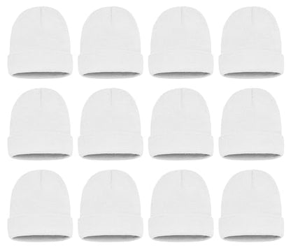 12 Pack Winter Beanie Hats for Men Women, Warm Cozy Knitted Cuffed Skull Cap, Wholesale - color: White