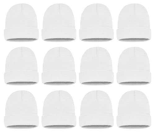 12 Pack Winter Beanie Hats for Men Women, Warm Cozy Knitted Cuffed Skull Cap, Wholesale - color: White