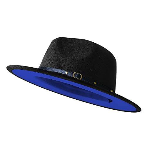Wide Brim Fedora Hats for Women Men Two Tone Dress Hat Felt Panama Hat in Two Audlt Size - color: Black&blue, size: Small-Medium