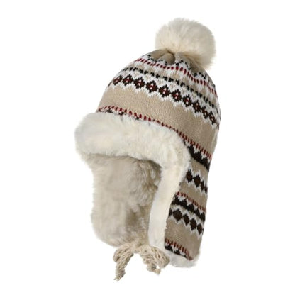 XGOPTS Women Winter Faux Fur Trapper Hat Warm Fleece Lined Beanie Cap Furry Pom Jacquard Knited Hats Knit Cossack Russian Hat - color: Beige