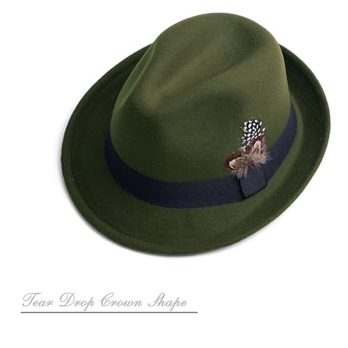 Short Brim Fedora Hat for Men Women Felt Trilby with Feather - color: Olive