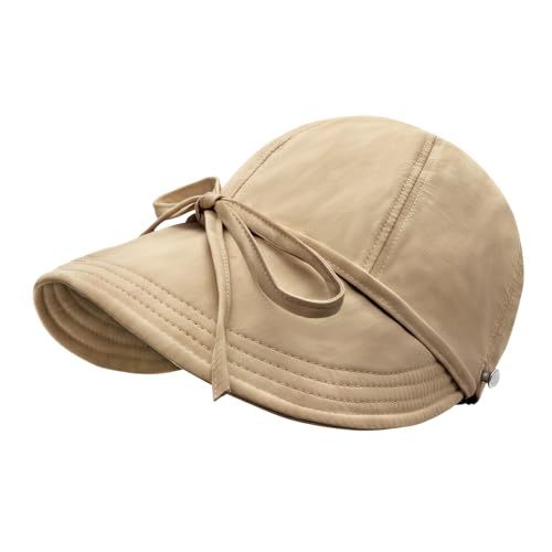 YAMEIZE Womens Bucket Sun Hat Packable Wide Brim Ponytail Beach Hat with Windproof Strap Sun Protection UPF50+ - color: Khaki