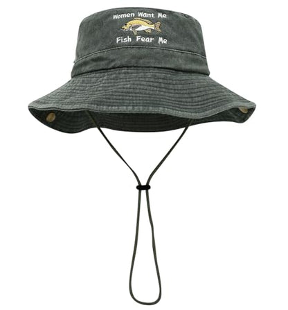 Sun Bucket Hat for Men Women Fishing Beach Safari Trendy Cotton Cowboy Cap for Golf Hiking Hunting Outdoor Boonie - color: Fish Army Green