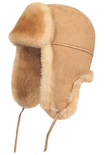 Leather Aviator Shearling Ushanka Trapper Hat Russian Sheepskin Cap Real Fur Winter Hat with Ear Flaps for Men Women - color: Tan, size: Large