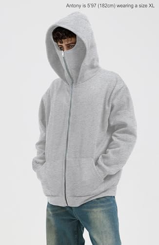 Zip Up Balaclava Hoodie Warm Sweatshirts Fleece Jackets Outwear - color: Light Grey, size: Medium