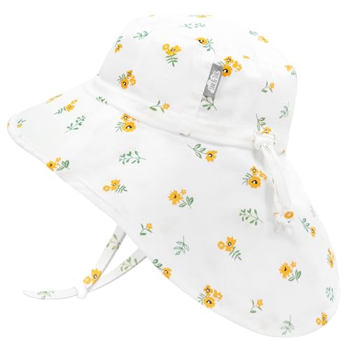 JAN & JUL Girls' Grow-with-Me Cotton Xplorer Sun Hat with Large Brim - color: Yellow Flower, size: 0-6 Months