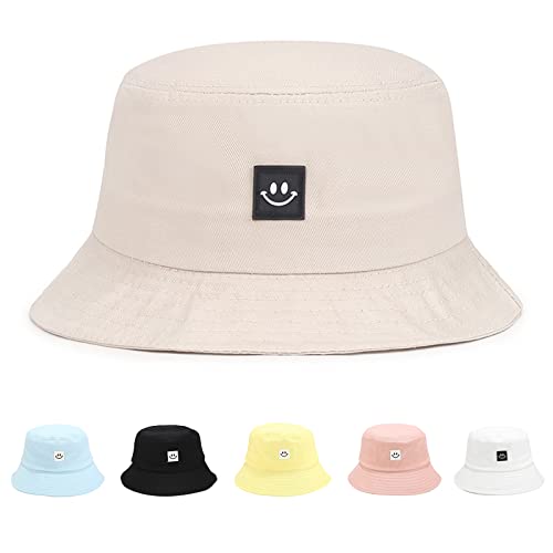 Kids Sun Hat Smile Face Bucket Hat for Girls Boys Summer Sun Protection Cotton Unisex Beach Cap - color: Beige