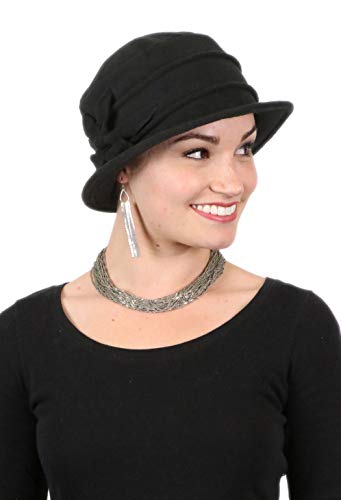 Fleece Flower Cloche Hat for Women Chemo Cancer Ladies Headwear 50+ UPF - color: Black